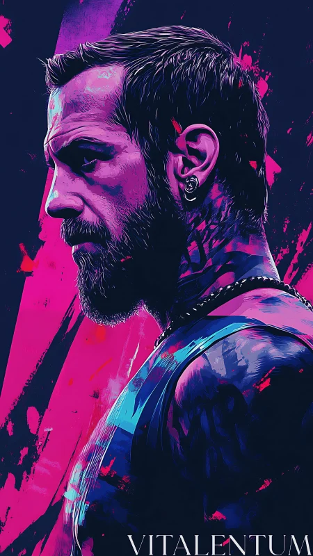 Bearded tattooed man in neon pink and blue portrait profile.