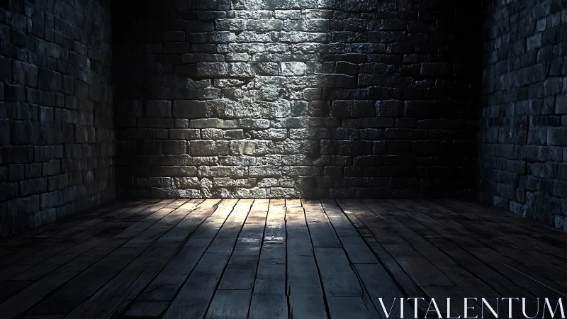 Moody stone cellar corner under narrow overhead spotlight.