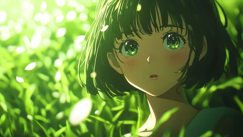 Green eyed anime girl in sunlit leaves portrait.