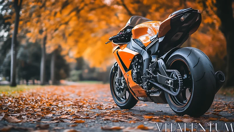 Sport motorcycle rests on autumn road among golden trees.