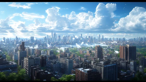 Sunlit futuristic metropolis under expansive cloudbank.