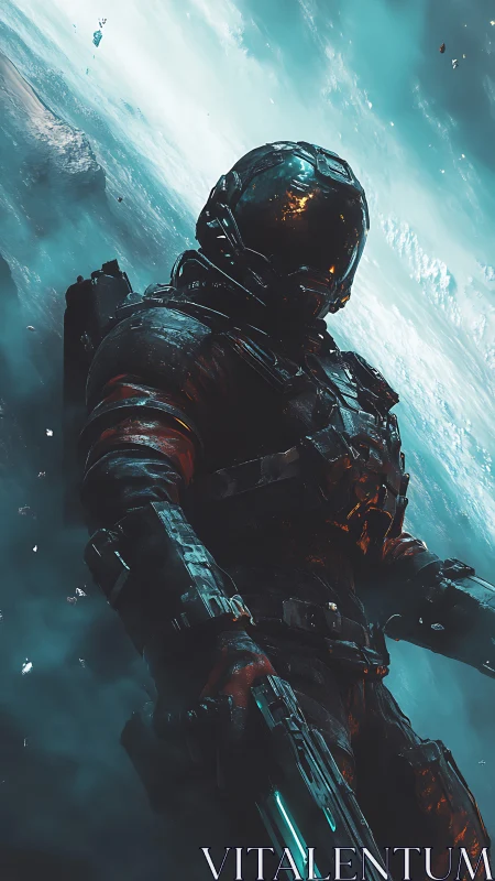 Lone space explorer drifting through a glowing cosmic storm.