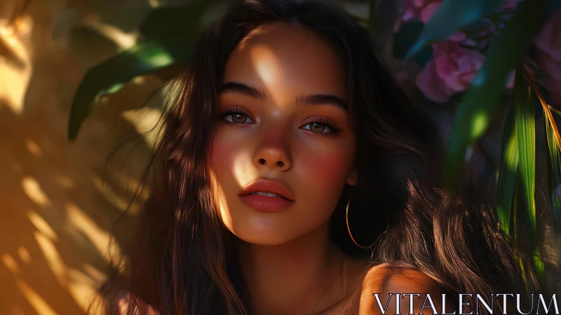 Sun-kissed muse beneath jungle light and whispering petals.