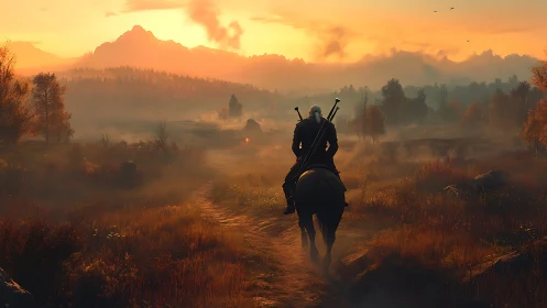 Rider with twin swords crossing misty valley at sunset