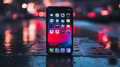 Smartphone Glows Against Wet Urban Canvas
