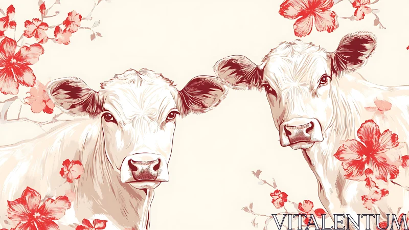 Twin white calves rendered in stylized floral vector illustration