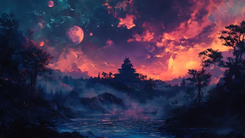 Enchanted riverside temple under glowing cosmic skies.