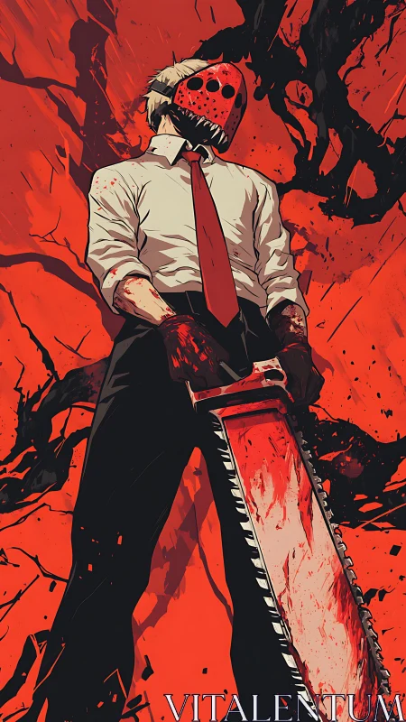 Masked chainsaw wielder dominates high-contrast crimson frame