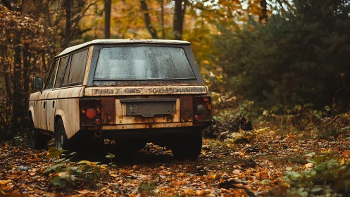 Corroded off‑road utility vehicle abandoned in autumn woodland.