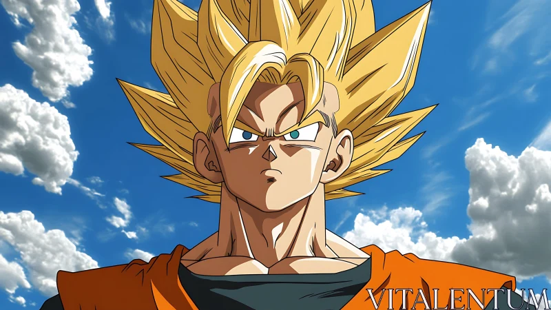 Bold golden‑haired warrior framed by bright summer sky.