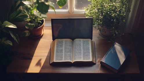 Sunlit window altar of books, tablet glow, and quiet leaves.