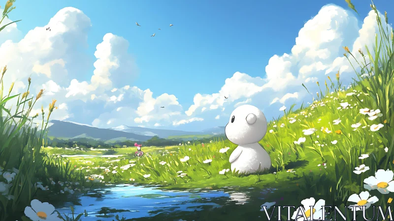 Daydreaming plush spirit in a wildflower meadow under vast skies.