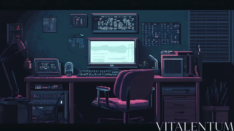Pixel art workstation shows dual monitors and retro hardware