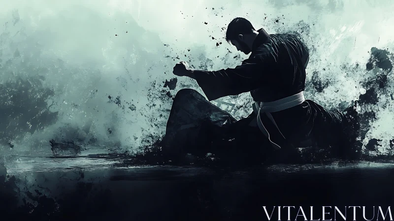 Martial artist shatters darkness in dynamic ink explosion.