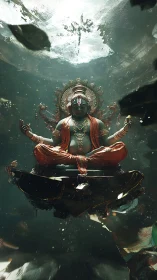 Underwater deity statue glows amid drifting temple ruins.