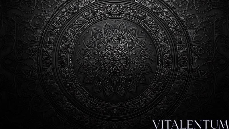 Midnight mandala medallion carved in shadowed black depths.