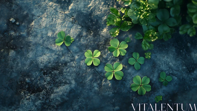 Sunlit clover leaves spreading quiet luck across stone.