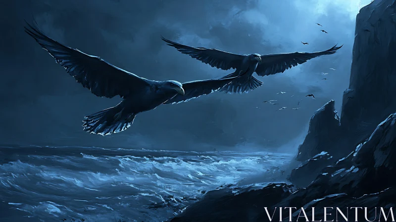 Seabirds in low flight over dark coastal cliffs at night.