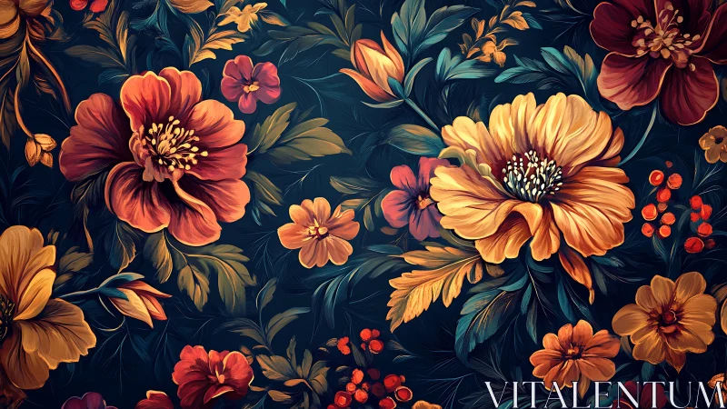 Baroque Botanical Composition with Warm Floral Gradients and Deep Navy Ground