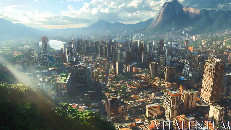 High-rise Latin American metropolis under dramatic mountain light.