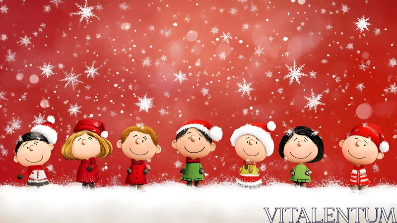 Cartoon children in winter clothing under falling snowflakes.