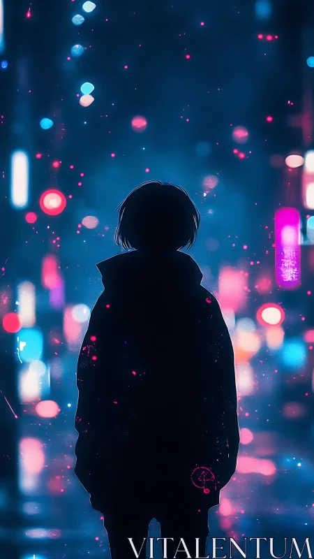 Neon-lit silhouette in cyberpunk alley with bokeh haze.