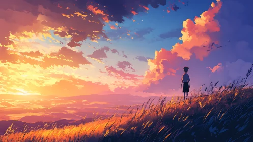 Solitary child watches a blazing sunset over golden hills