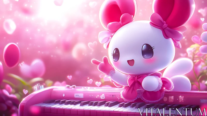 Cute bunny pianist performs in radiant pink fantasy scene.