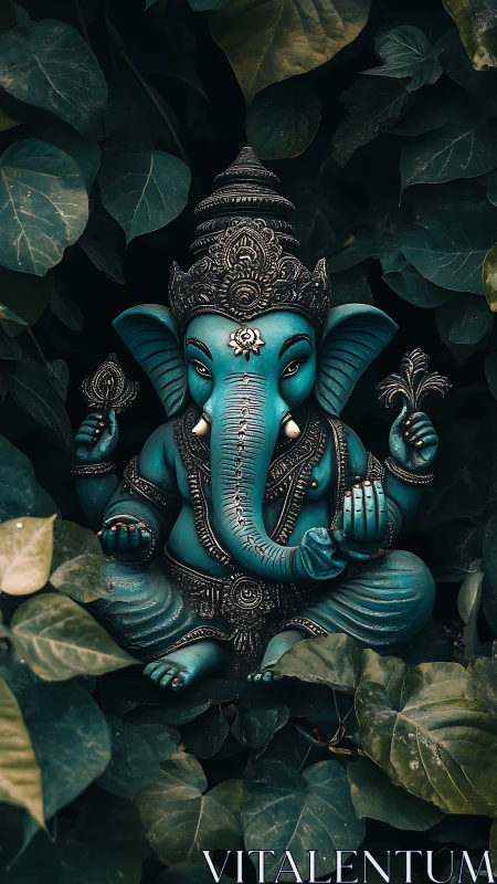 Teal Ganesh sculpture framed by deep green jungle foliage.