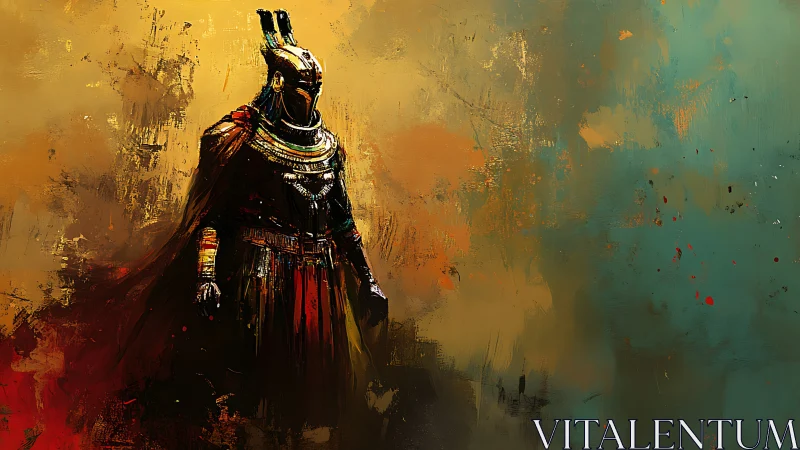 Armored warrior in ornate helm against vivid abstract field.