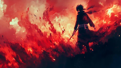Lone anime swordsman standing in swirling red flames.