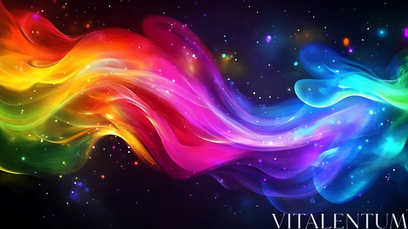 Nebulous rainbow currents weaving through a star-swept void.