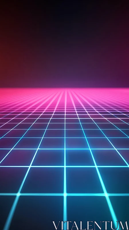 Neon grid plane receding to vanishing point with retro gradient lighting
