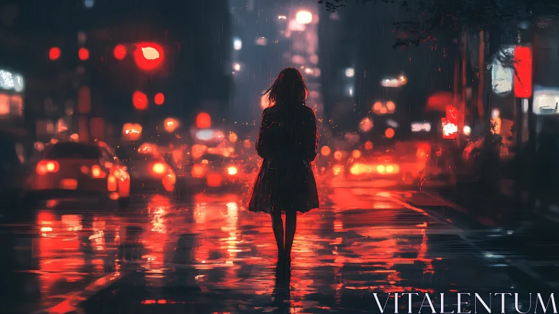 Solitary figure crossing neon city street in the rain.