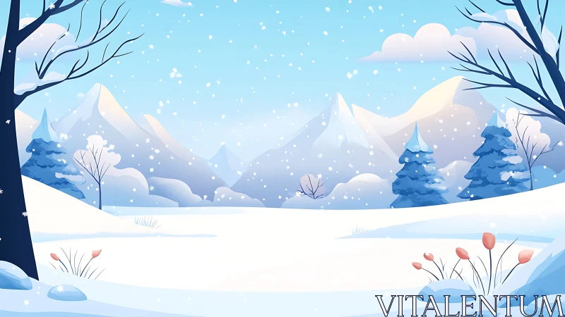 Stylized winter valley with layered mountains and soft snow shading