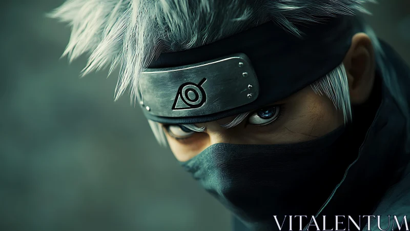 Masked silver-haired ninja portrait shows intense side gaze