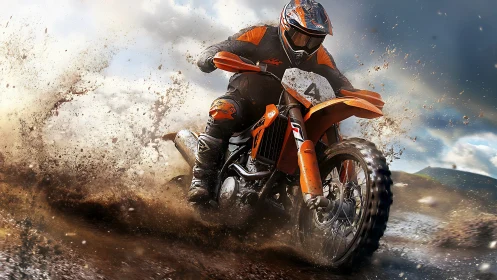 Motocross rider leans into muddy turn while throwing dirt spray