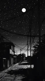Moonlit cables quietly stitch a sleepy alley to the stars