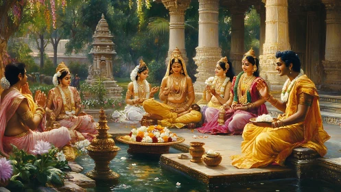 Group of royally dressed figures share offerings by a temple pond