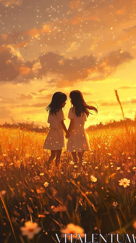 Sunlit sisters in a wildflower field, golden hour digital painting.