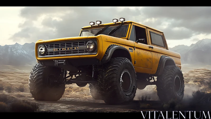 Yellow lifted off road truck on rugged open landscape.