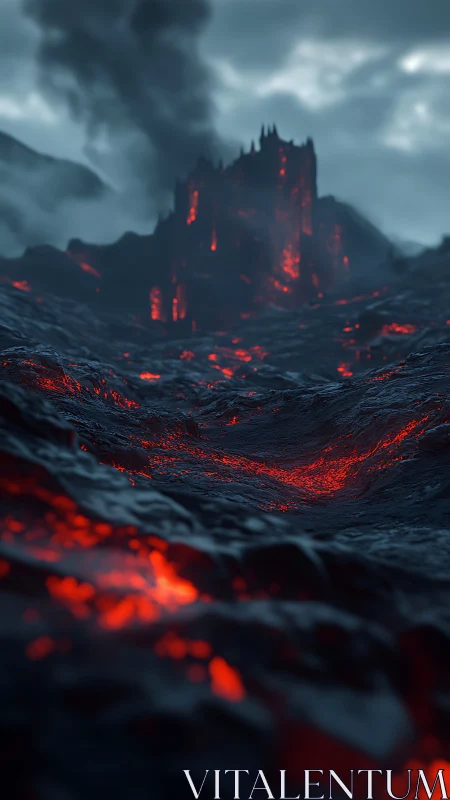 Volcanic fortress emerges through molten terrain in cinematic depth