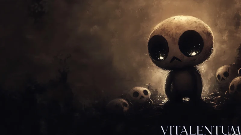 Melancholic skull-eyed creature in sepia-toned voidscape.