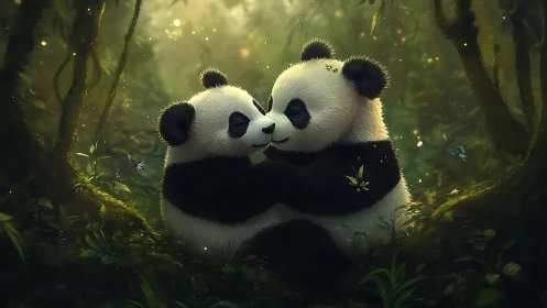 Gentle panda pair share a tender hug in a glowing forest