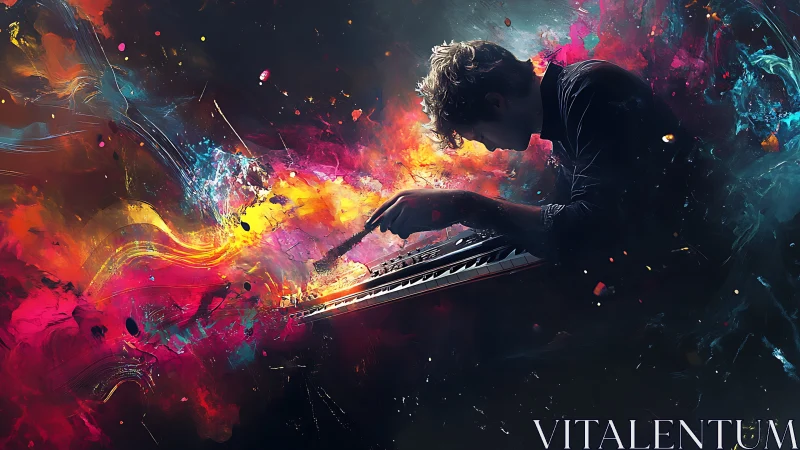 Digital pianist immersed in vivid abstract color swirl.