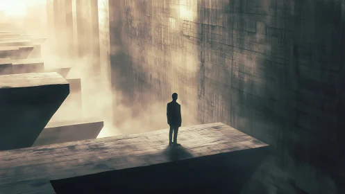 Solitary figure on vast geometric platforms in foggy void.