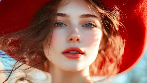 Sunlit red-hatted muse with ocean eyes and windlit hair.