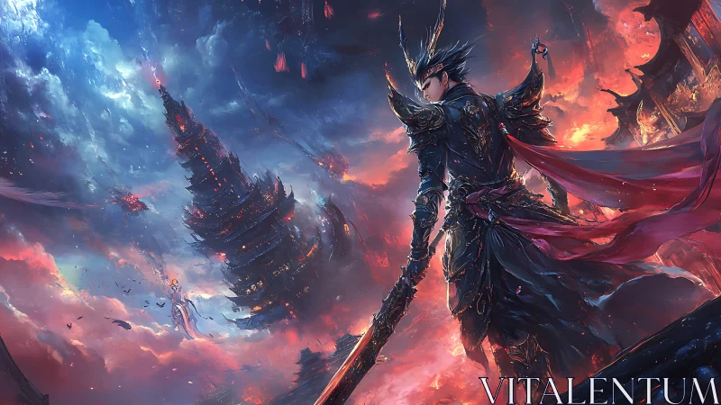 Storm-crowned dragon knight defies a burning sky temple.