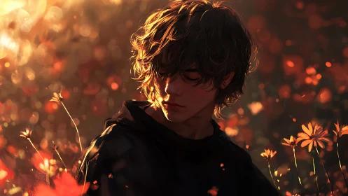 Backlit youth in autumn field under cinematic bokeh glow.