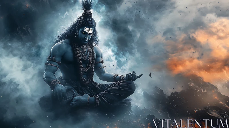 Digital painting of meditative deity amid elemental stormscape.